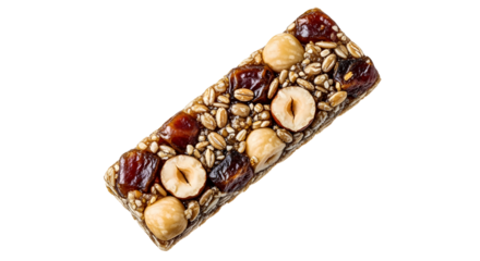 Healthy nut and seed granola bar with dried fruits isolated on white, perfect for snacks and energy boost