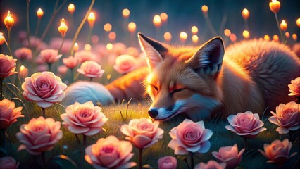 Fototapeta premium A peaceful red fox naps amidst a field of glowing roses at twilight, illuminated by soft, magical lights.