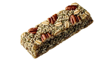 Nut and seed granola bar with pecans and sunflower seeds isolated on black background, healthy snack perfect for on-the-go or fitness enthusiasts