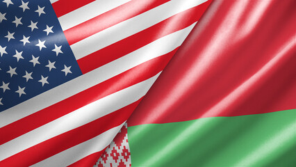 Fototapeta premium United States USA and Belarus two national flags filling the entire frame, close-up view, edge-to-edge composition