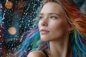 Young woman with colorful hair gazes out at a rainy window in a bright urban setting