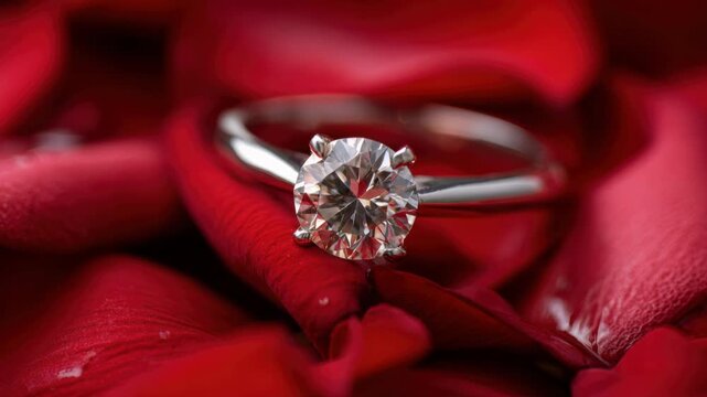 sparkling diamond ring on red rose petals, closeup of solitaire nestled in velvety bloom, brilliant facets catch light with starburst gleam, elegant jewelry