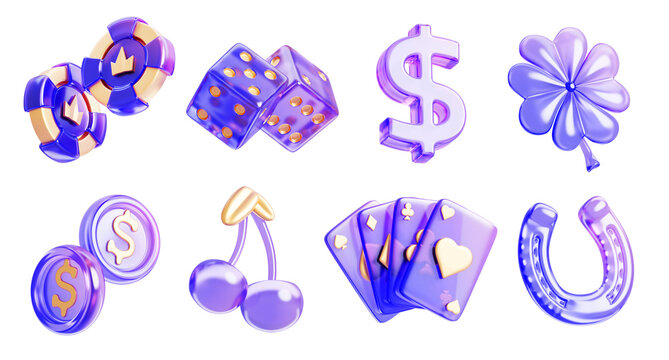 Glass holographic casino slot game icon. Render 3d set of gambling luck symbols. Neon poker chips, playing cards, dice, clover, cherry, horseshoe, coins and dollar sign for ui design