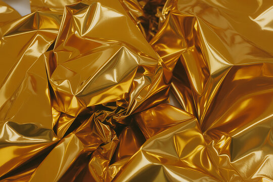 A closeup view of crumpled gold foil, showcasing its reflective texture and intricate folds