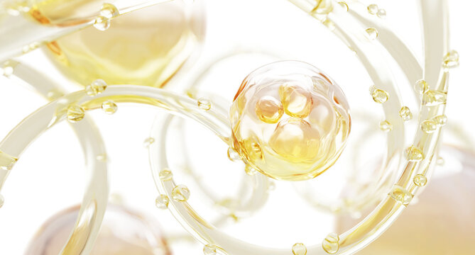 Serum or collagen gel texture with bubbles. Gold liquid transparent 3d background with oil drops and wavy surface. Vitamin essence, hyaluronic acid or keratin for skin and hair care