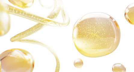 3d background with gold oil drops texture, yellow omega bubbles, liquid collagen or serum. Cosmetic spheres, splashes and waves. Clear keratin droplets for hair care. Fluid fuel flow