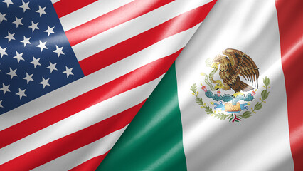 United States USA and Mexico two national flags filling the entire frame, close-up view, edge-to-edge composition