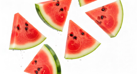 Triangular Watermelon Slices Falling with Water Drops on White Background