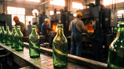 Green glass bottles on a production line in a factory with workers behind.