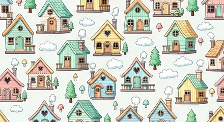 Colorful hand-drawn houses with trees and clouds on light background  
