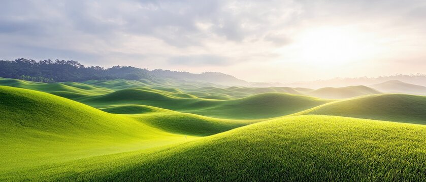A panoramic view of undulating green hills bathed in the soft, golden light of sunrise. Distant hazy mountains and a cloudy sky complete the serene landscape. - Powered by Adobe