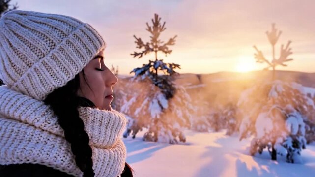 A peaceful breath visible in cold air at dawn.