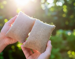 Zenith's Embrace: Tender hands cradle two miniature sacks filled with soothing elements, bathed in the warmth of sunlight, representing the tranquility of nature.