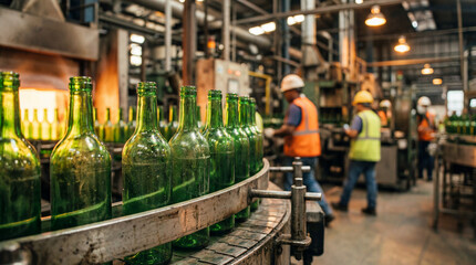 Green glass bottles on a production line in a factory with workers behind.