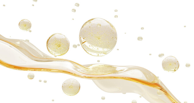 Splash and drop of liquid oil or serum 3d render. Collagen gel texture with bubble and fluid flow wave. Cosmetic skin care background with gold clear essence, retinol, hyaluronic acid