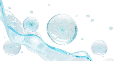 3d blue water texture with gel cleanser drops, liquid transparent wave and splash. Aqua background with air bubbles, beauty care collagen serum, hyaluron skin acid or moisture cream