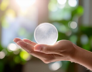 Crystal Sphere of Protection: A delicate hand cradles a crystal sphere, with the sun's warm rays adding a touch of enchantment, set against a backdrop of vibrant greenery, sparking reflections.