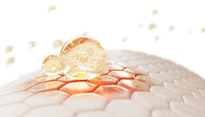 Naklejka premium 3d skin cells with gold oil drops, liquid serum or collagen gel. Epidermis layer with red damaged skin area, hexagon pattern. Repair, treatment, moisture, nourish from redness or acne