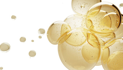 Oil bubbles texture 3d background. Gold liquid transparent drops of serum, collagen gel or retinol vitamin. Cosmetic skincare essential product. Yellow water, honey or syrup blobs