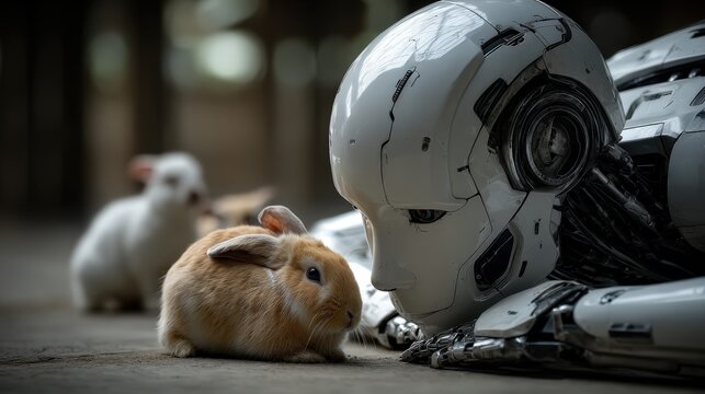 A futuristic robot gently interacts with a rabbit, emphasizing the relationship between technology and nature, and evoking feelings of tenderness, curiosity, and connection between different beings.