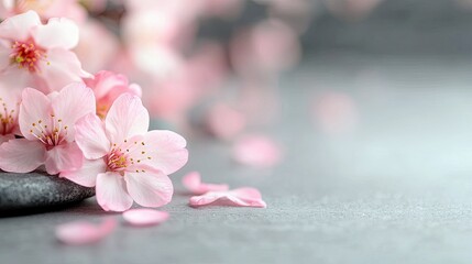 Close-up of delicate pink cherry blossoms resting on smooth, dark stones, with scattered petals on a textured grey surface. Soft, diffused lighting creates a se