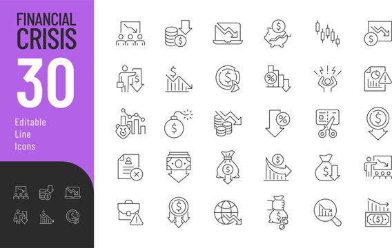 Financial Crisis Line Editable Icons set. Vector illustration in modern thin style of business related icons: instability, market collapse, recession, and more. Isolated on transparent background.
