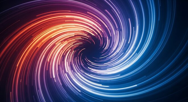 Abstract background of swirling vortex of neon light trails in vibrant red, orange, and blue colors creating a dynamic tunnel effect
