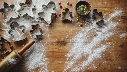 Christmas baking cookies recipe holiday season gingerbread man shapes with flour on wood