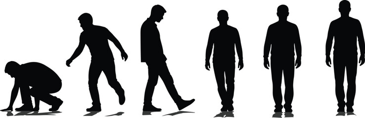 Silhouettes of a man transitioning through various movement stages, from crouching to walking and standing, symbolizing evolution, progress, growth, and development