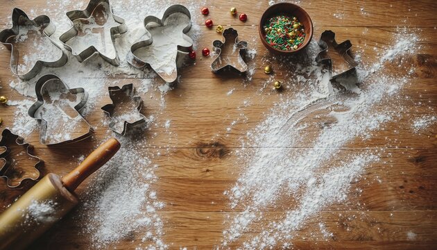Christmas baking cookies recipe holiday season gingerbread man shapes with flour on wood - Powered by Adobe