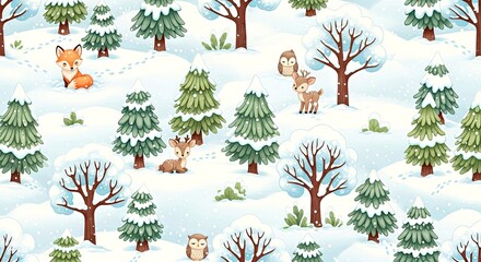 Whimsical winter forest scene with animals and snow-covered trees  