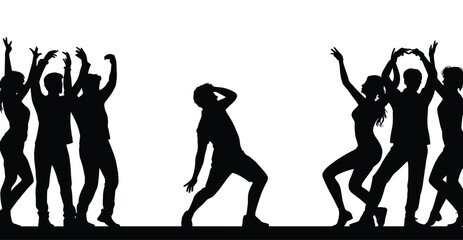 Silhouettes of dancing people celebrating together at a party, energetic group enjoying music with dynamic poses and expressive movements in vector illustration