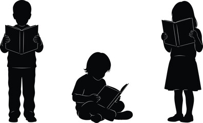 Silhouettes of children reading books, educational learning concept, kids studying quietly, literacy development illustration for school, library, and teaching materials