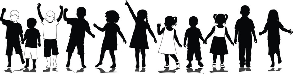 Silhouettes of diverse children holding hands, playing, celebrating, and interacting together in a joyful group scene, unity, friendship, teamwork, happiness