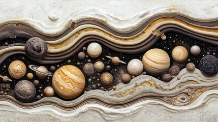 A surreal, textured depiction of planets and celestial bodies set against a dark, starry background, with abstract, swirling layers of earth-toned material.