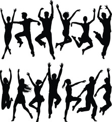 Silhouettes of energetic men and women jumping in joyful dance poses, dynamic movement collection, active people vector illustration for creative design projects