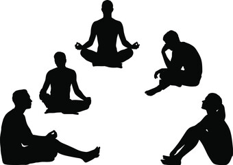 Silhouettes of people meditating and sitting in relaxed poses, mindfulness, yoga practice, peaceful relaxation concept for wellness, mental health, calm lifestyle