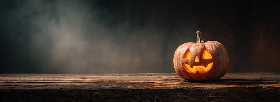 Vintage Wood Table Lit Jack-O'-Lantern (Misty Halloween Vibe) · Cozy Spooky Holiday Concept
