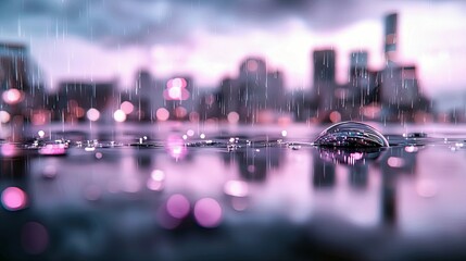 Close-up of raindrops creating ripples on a reflective surface, with a blurred city skyline and bokeh lights in the background during a rainy dusk.