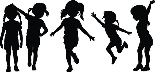 Silhouettes of playful young girls posing and jumping in various energetic positions, joyful childhood activity illustration, active kids movement vector artwork