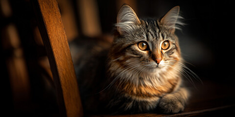 A majestic tabby cat with striking amber eyes in dramatic lighting