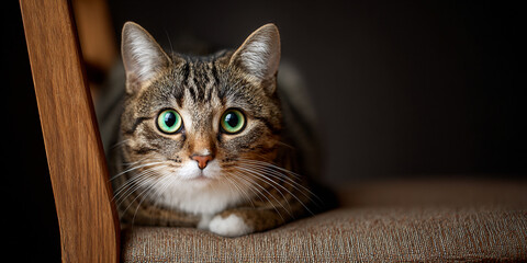 Close up portrait of a tabby cat with striking green eyes