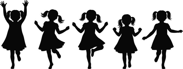 Silhouettes of young girls dancing in playful poses, energetic childhood movement illustration, joyful kids activity artwork, children dancing vector graphic