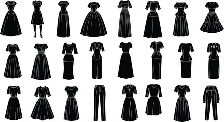 Vintage women’s dress silhouettes collection, retro fashion clothing icons, elegant outfit designs, classic apparel set for styling, tailoring, boutique illustration