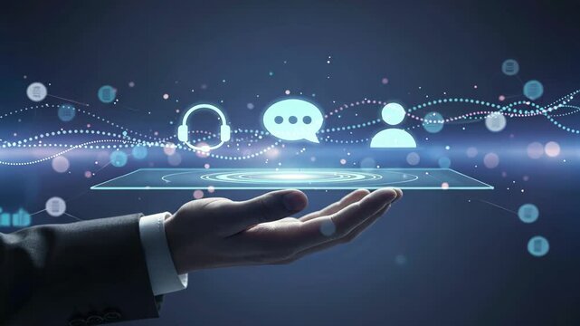 Hand holding tablet with glowing screen with floating headset chat bubble and person icon in dark tech scene for tech support and customer service