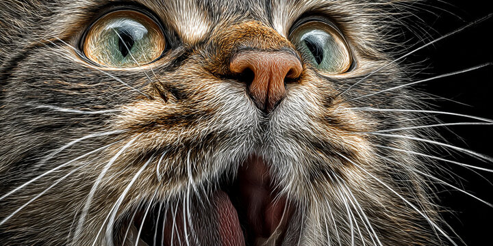 Close up of a surprised tabby cat with wide open mouth and eyes