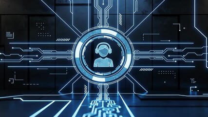 Glowing customer service icon in neon digital interface with blue circuit light for tech support and customer service - Powered by Adobe