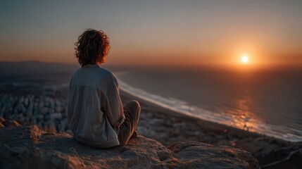 A solitary figure sits on a rocky cliff, gazing at the sunset over the ocean. The scene encapsulates deep thought, reflection, and connection with nature’s beauty.