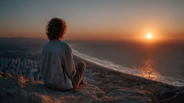 A solitary figure sits on a rocky cliff, gazing at the sunset over the ocean. The scene encapsulates deep thought, reflection, and connection with nature’s beauty. - Powered by Adobe