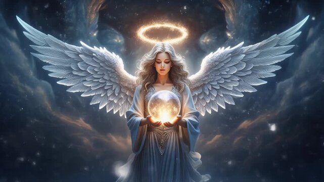 Ultra-epic Christmas angel with luminous silver wings spreading wide, holding a glowing crystal orb radiating warm festive light. Snowstorm swirling dramatically, halo made of shimmering frost, majest
